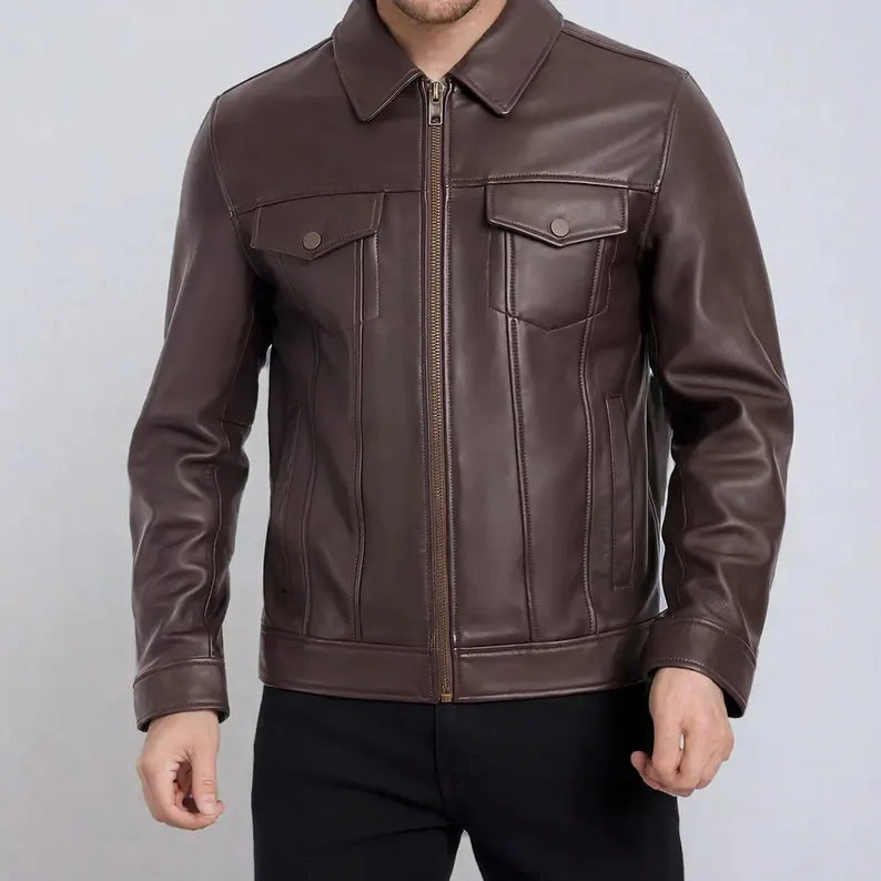 Men’s Dark Brown Genuine Leather Biker Jacket – Warm & Stylish