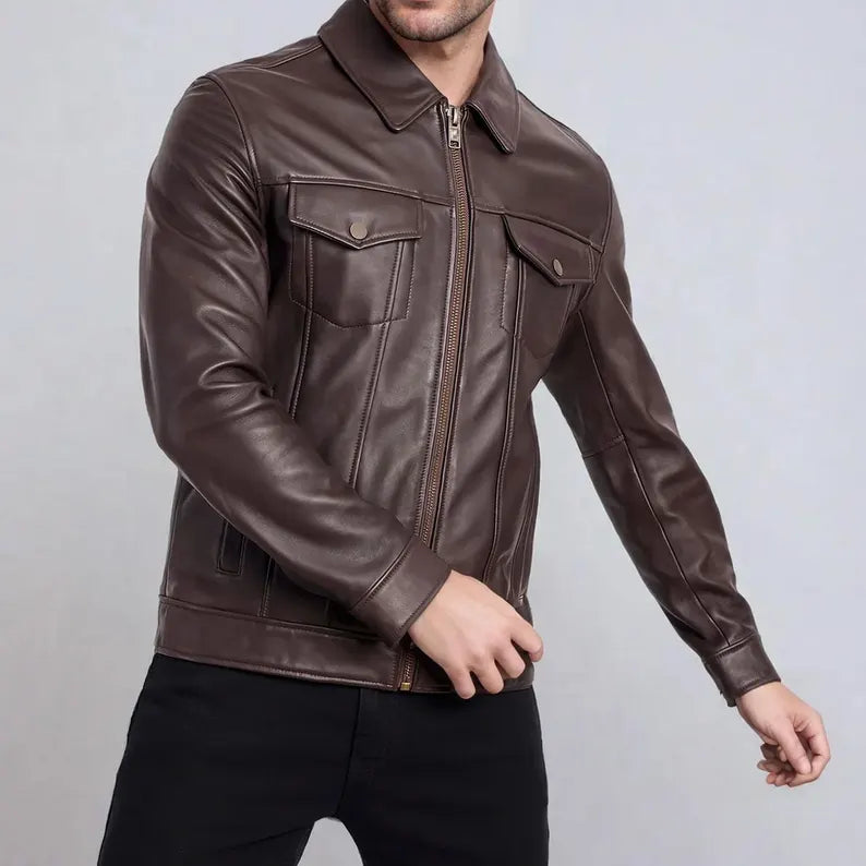 Men’s Dark Brown Genuine Leather Biker Jacket – Warm & Stylish