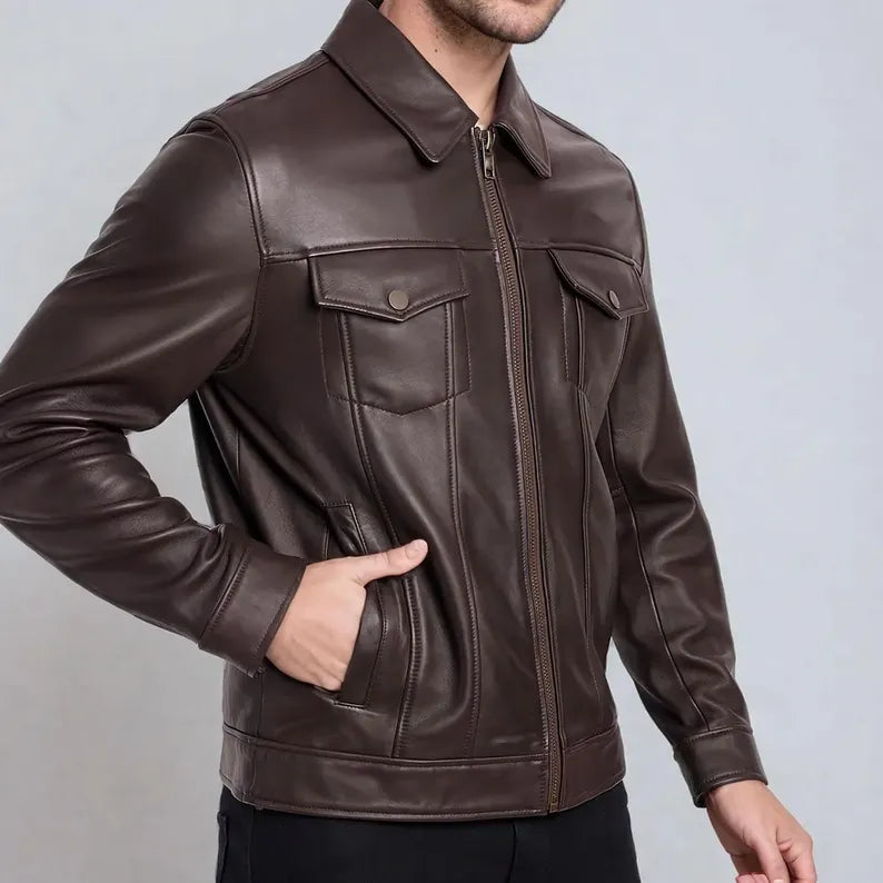 Men’s Dark Brown Genuine Leather Biker Jacket – Warm & Stylish