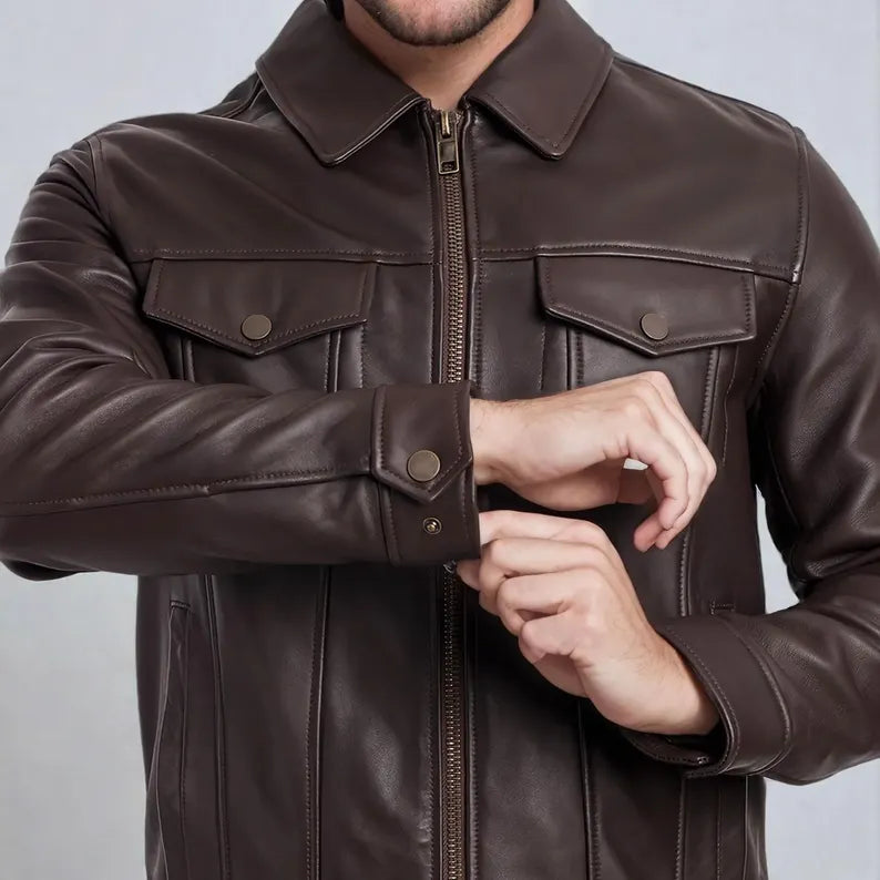 Men’s Dark Brown Genuine Leather Biker Jacket – Warm & Stylish