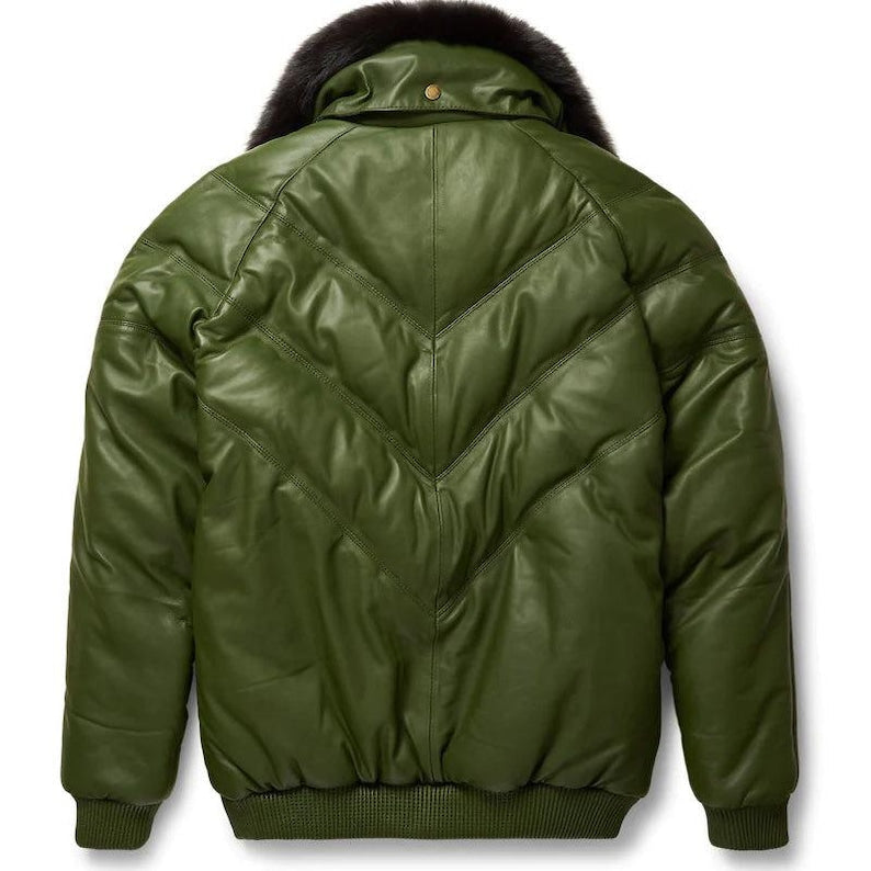 Men’s Handmade Sheepskin Leather V-Bomber Jacket – Lightweight Padded Puffer Warm Jacket
