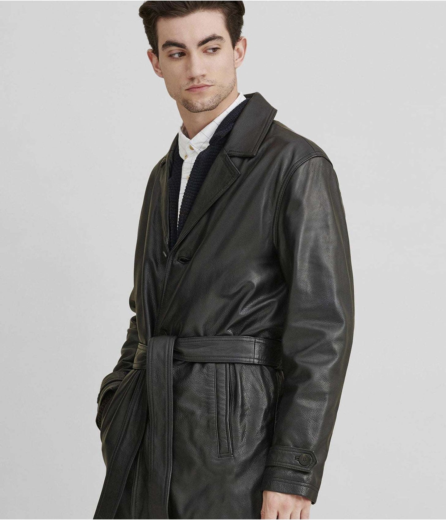 Men’s Black Leather Trench Coat with Belt – Classic & Timeless