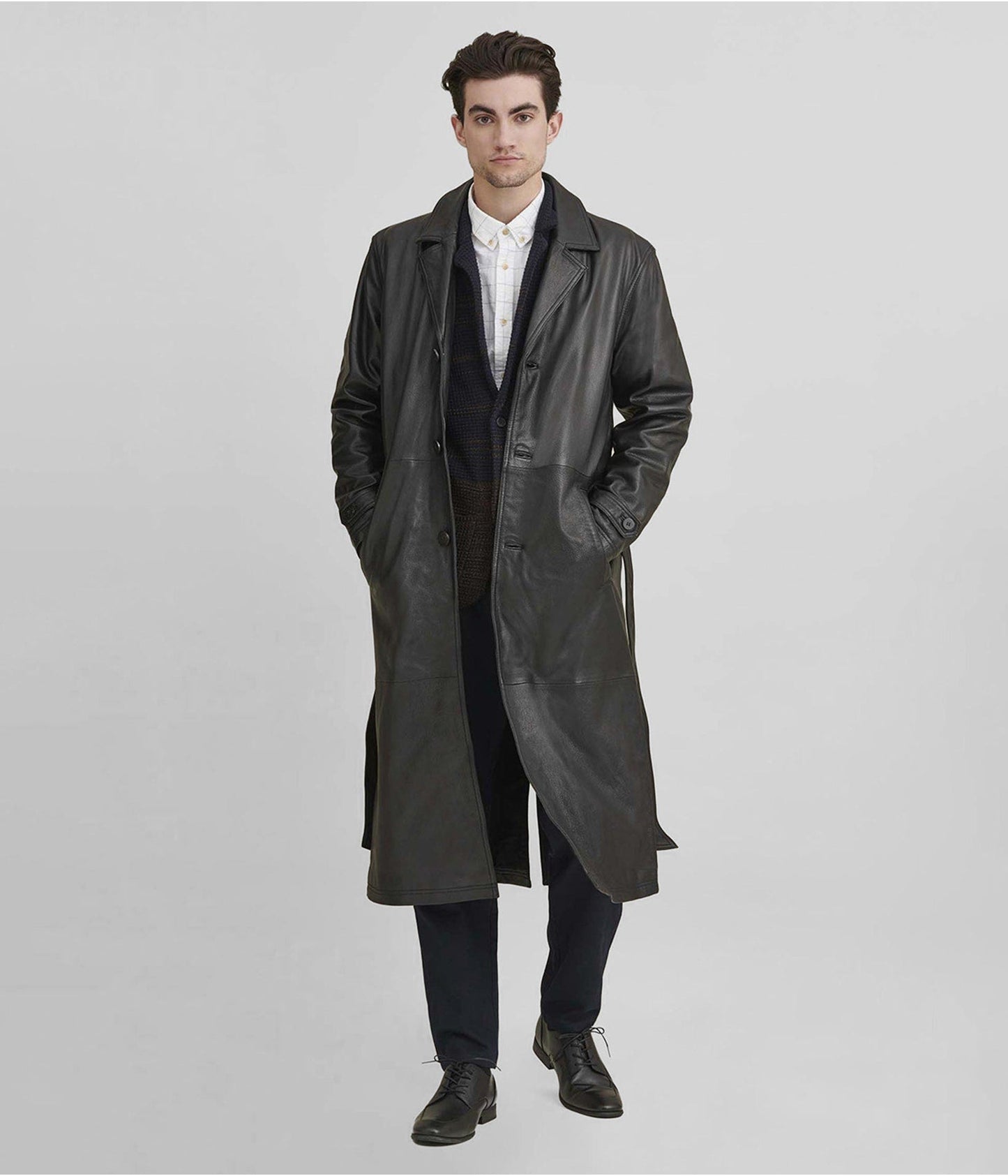 Men’s Black Leather Trench Coat with Belt – Classic & Timeless