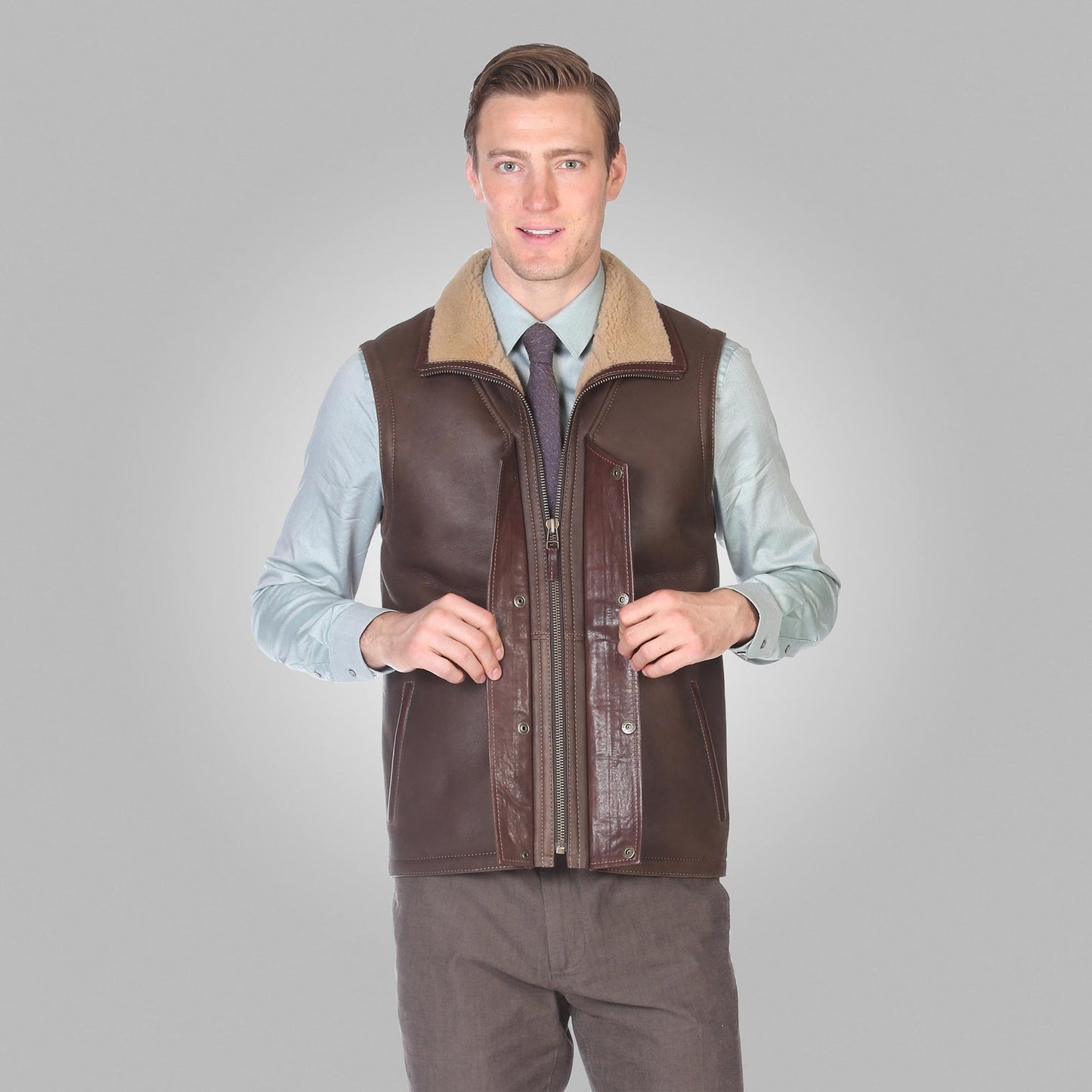 Men’s Chocolate Brown Shearling Leather Vest – Warm & Stylish Winter Vest