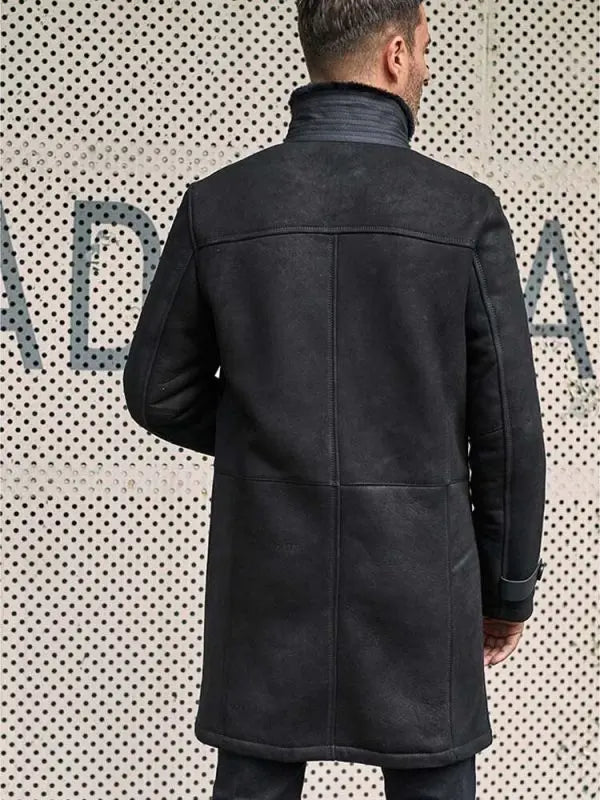 Men's Black Suede Leather Shearling Coat – Timeless & Warm Winter Outerwear