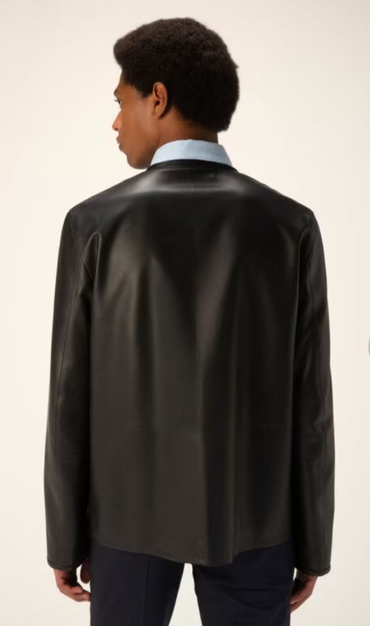 Black Cowhide Leather V-Neck Shirt