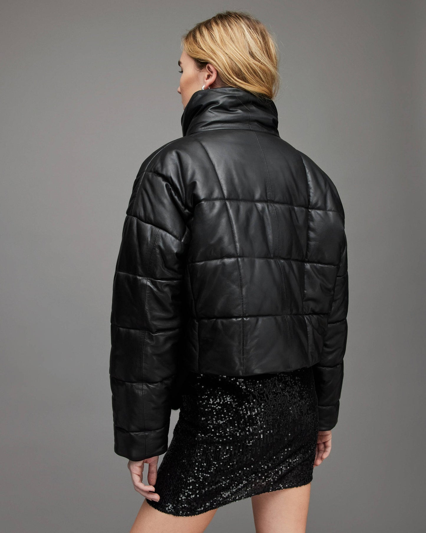 Women's Black Puffer Leather Jacket with Turtleneck – Warm & Stylish