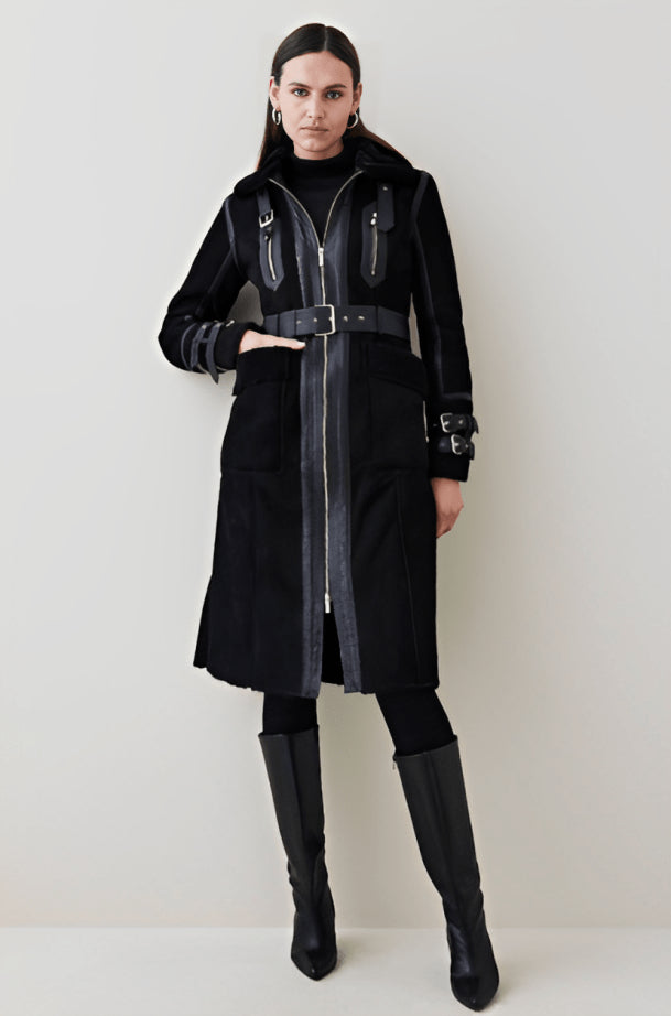 Women's Black Suede Shearling Leather Coat – Warm & Elegant