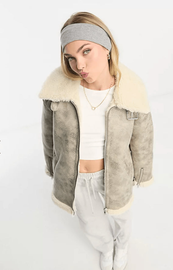 White Distressed Shearling Bomber Jacket for Women