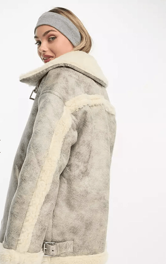 White Distressed Shearling Bomber Jacket for Women