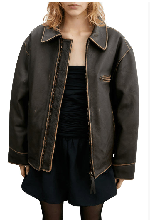 Dark Brown Distressed Vintage Leather Biker Jacket for Women