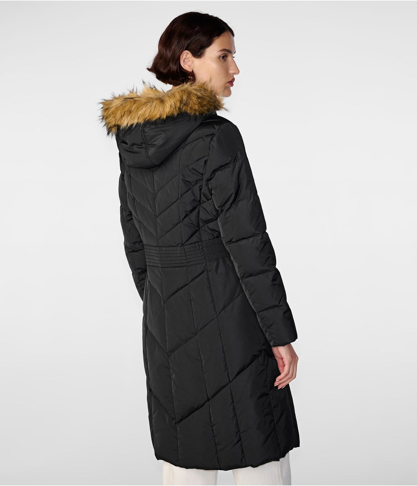Black Fur Hooded Puffer Trench Coat for Women