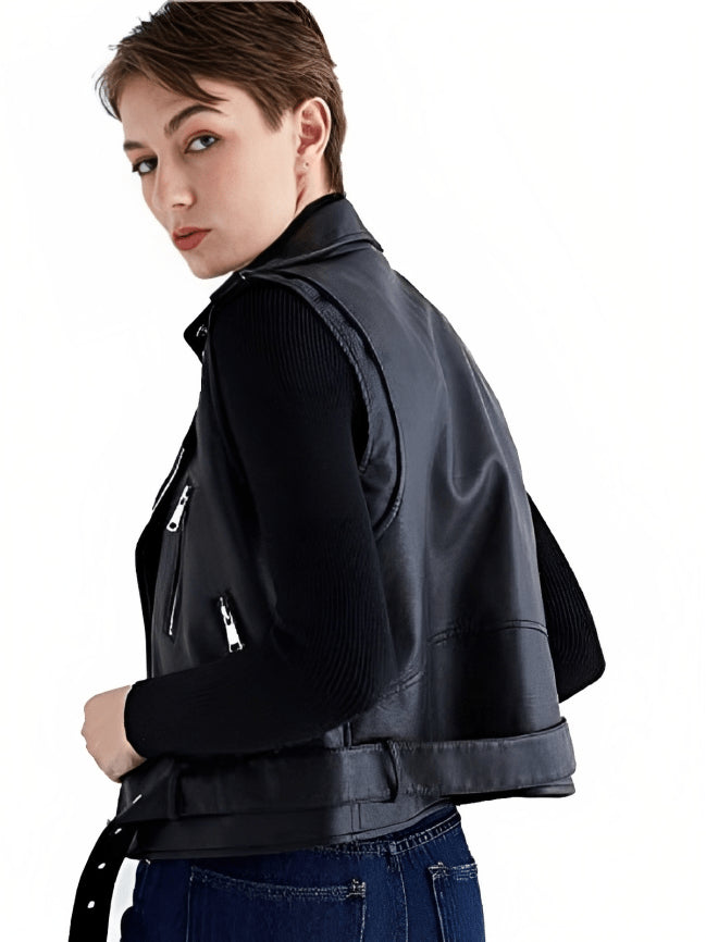 Black Leather Biker Vest for Women