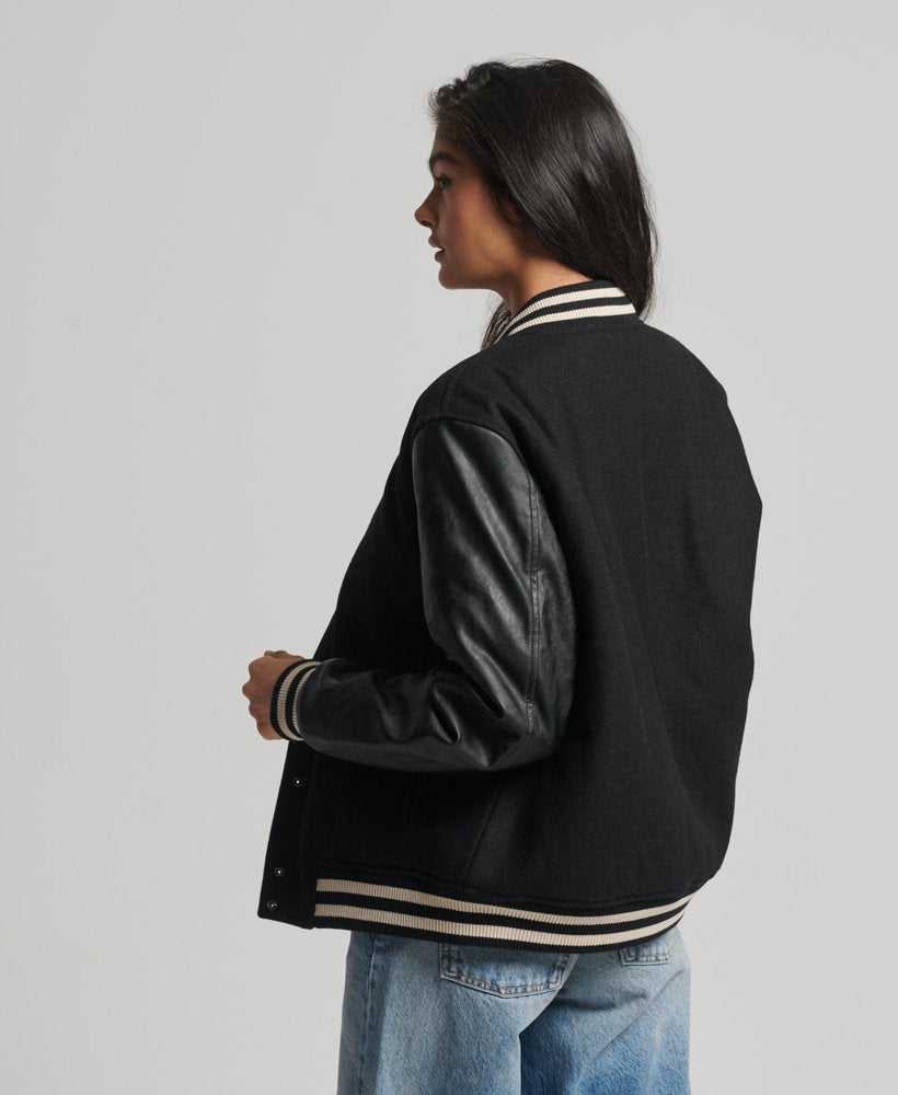 Black Letterman Bomber Leather Jacket for Women