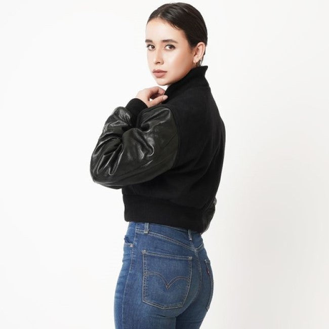 Black Cropped Letterman Leather Jacket for Women