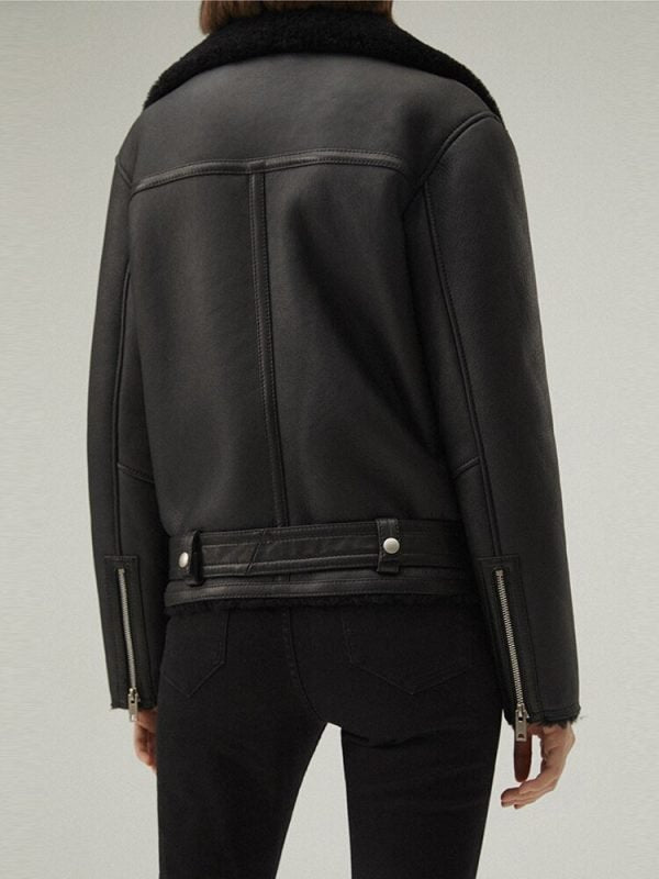 Matte Black Women's Shearling Leather Jacket