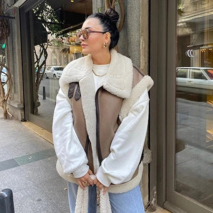 Beige Shearling Leather Vest for Women