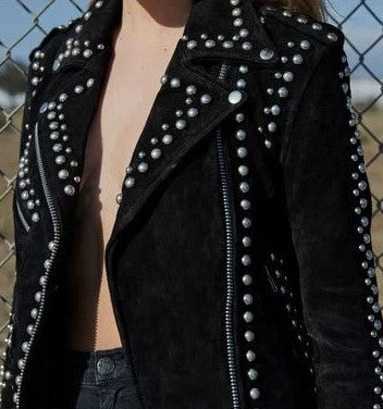 Women's Black Studded Suede Leather Biker Jacket with Belted Waist