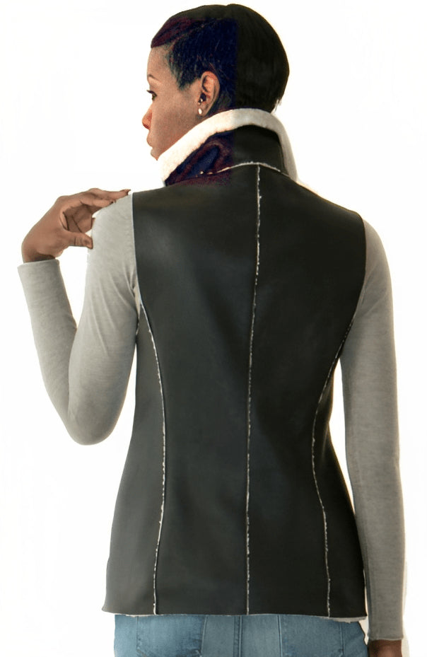 Black Shearling Biker Leather Vest for Women