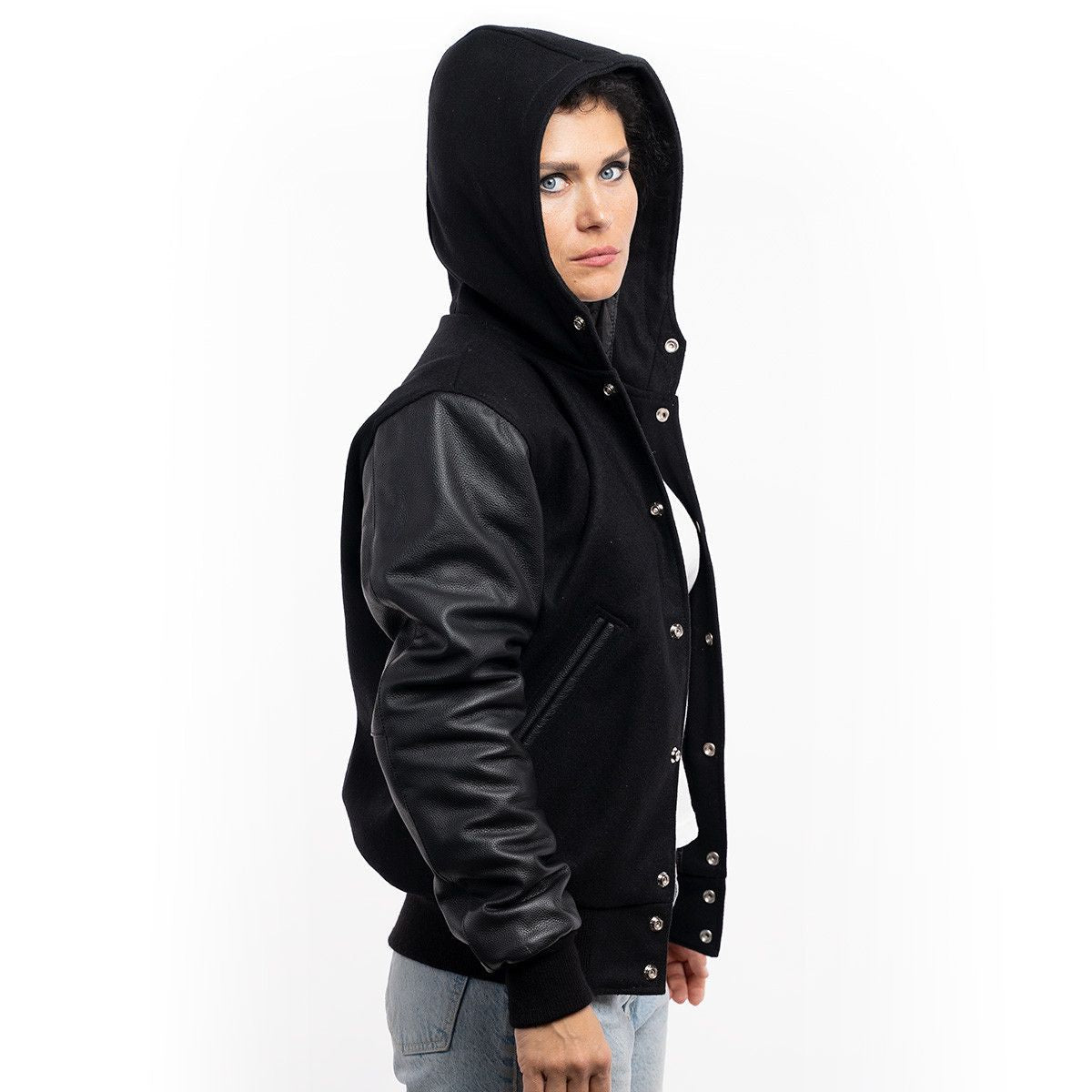 Black Hooded Varsity Leather Jacket for Women