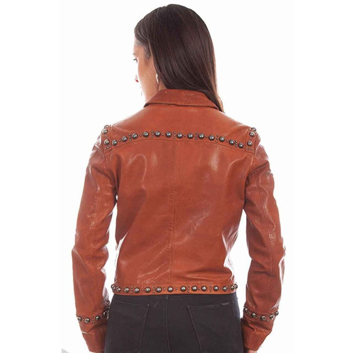 Ember Edge Women's Studded Leather Jacket in Dark Brown