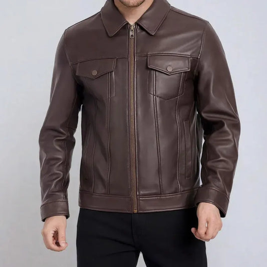 Men’s Dark Brown Genuine Leather Biker Jacket – Warm & Stylish