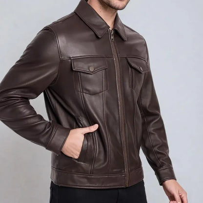 Men’s Dark Brown Genuine Leather Biker Jacket – Warm & Stylish
