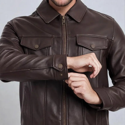 Men’s Dark Brown Genuine Leather Biker Jacket – Warm & Stylish
