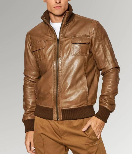 Desert Voyager Men’s Brown Sheepskin Leather Bomber Jacket – Classic & Warm