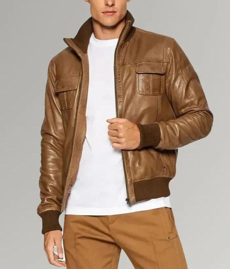 Desert Voyager Men’s Brown Sheepskin Leather Bomber Jacket – Classic & Warm
