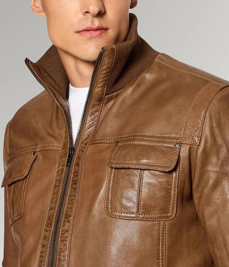 Desert Voyager Men’s Brown Sheepskin Leather Bomber Jacket – Classic & Warm