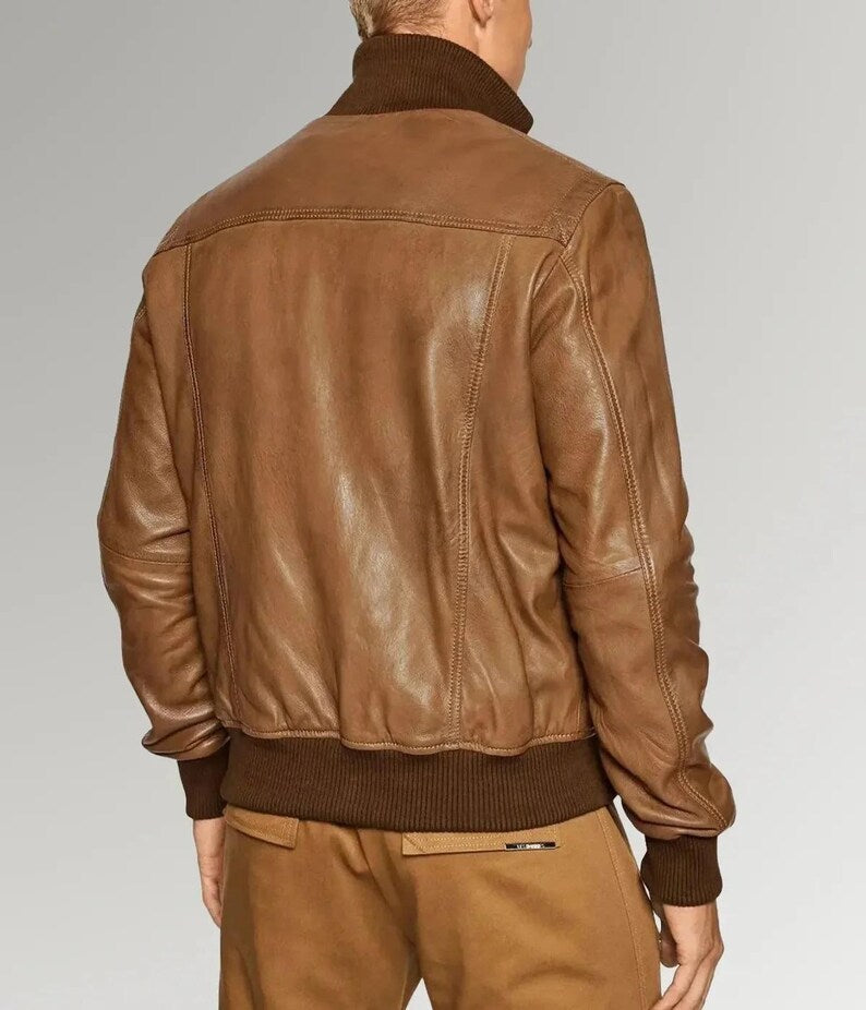Desert Voyager Men’s Brown Sheepskin Leather Bomber Jacket – Classic & Warm