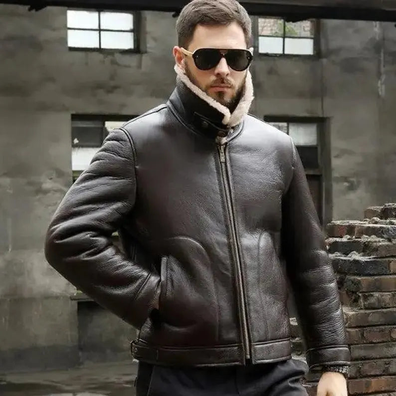 Handmade Men’s Coffee Brown Shearling Aviator Leather Jacket – B3 Bomber Winter Coat