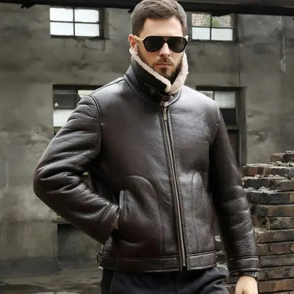 Handmade Men’s Coffee Brown Shearling Aviator Leather Jacket – B3 Bomber Winter Coat