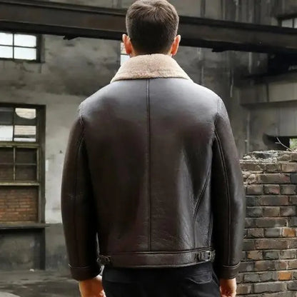 Handmade Men’s Coffee Brown Shearling Aviator Leather Jacket – B3 Bomber Winter Coat