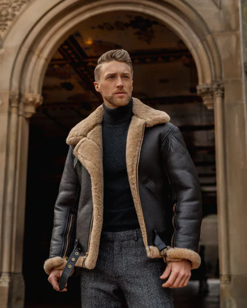 Men's Aviator Fur Sheepskin Leather Jacket in Black