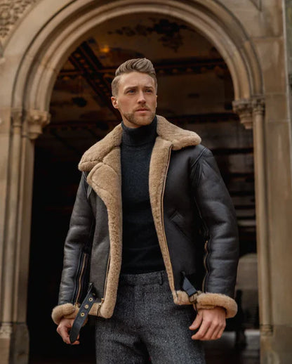 Men's Aviator Fur Sheepskin Leather Jacket in Black