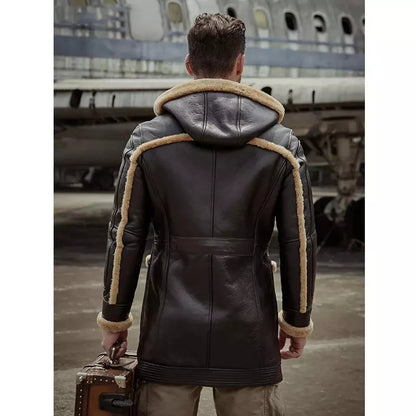 Men's B7 Bomber Sheepskin Leather Coat in Dark Brown with Hood