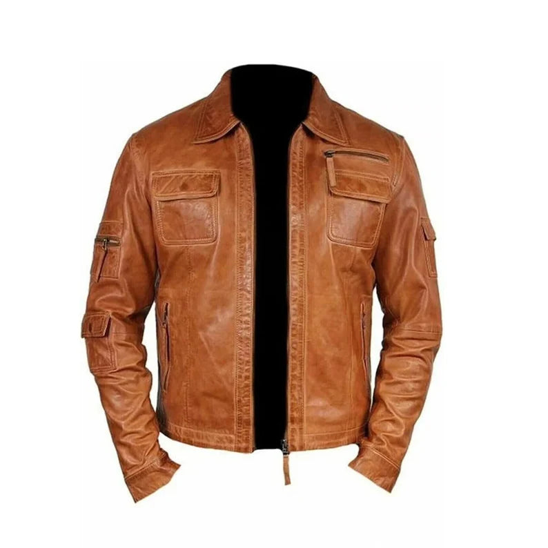 Men’s Vintage Distressed Brown Biker Leather Jacket – Handmade Motorcycle Cafe Racer with 4 Pockets, Customizable Color