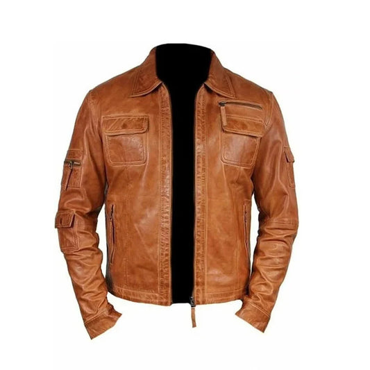 Men’s Vintage Distressed Brown Biker Leather Jacket – Handmade Motorcycle Cafe Racer with 4 Pockets, Customizable Color