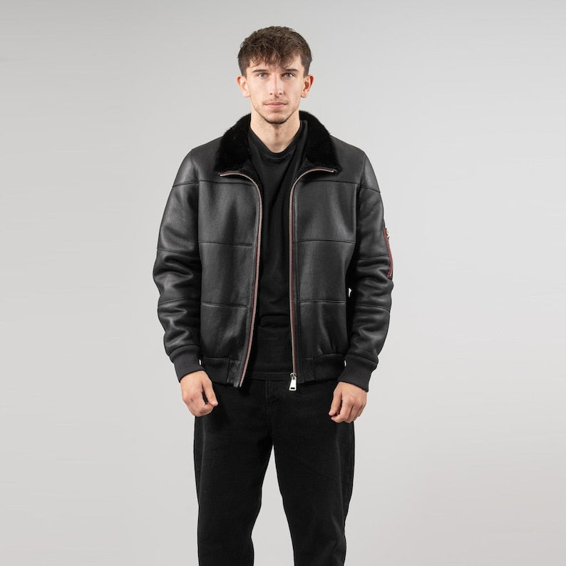 Men’s Black Sheepskin Leather Jacket with Fur Collar – Stylish & Warm