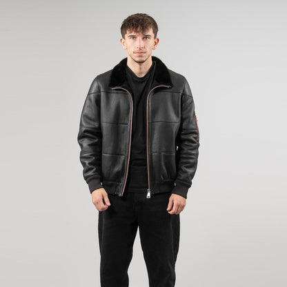Men’s Black Sheepskin Leather Jacket with Fur Collar – Stylish & Warm