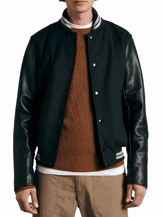 Men’s Black Varsity Bomber Leather Jacket