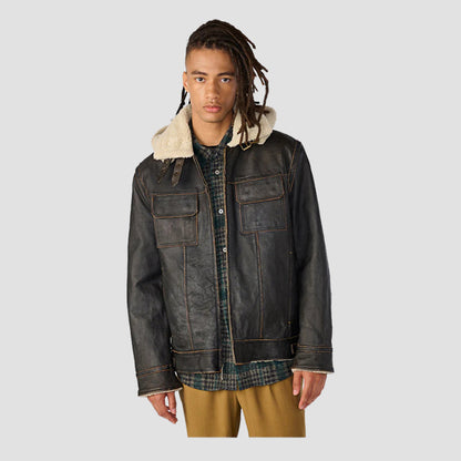 Black Vintage Shearling Leather Jacket with Removable Hood