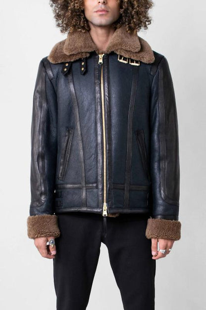 Men's Blue Sheepskin Shearling Leather Jacket – Premium Winter Outerwear
