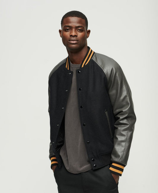 Men’s Classic Black Varsity Leather Bomber Jacket – Timeless Streetwear Style