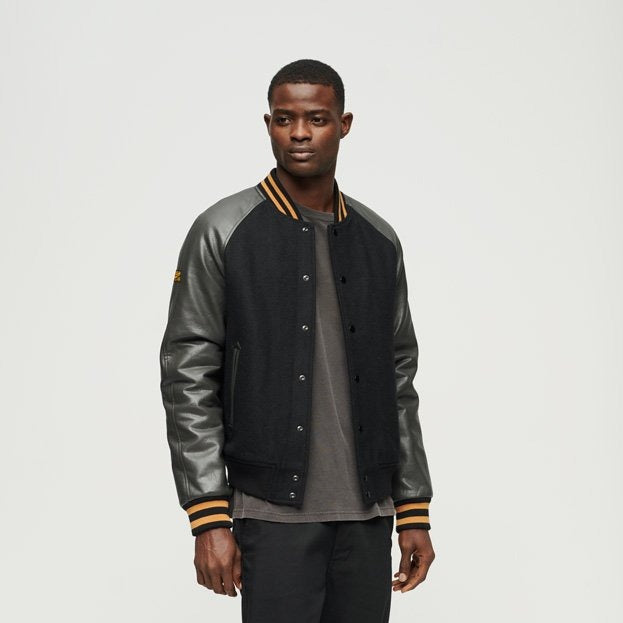 Men’s Classic Black Varsity Leather Bomber Jacket – Timeless Streetwear Style