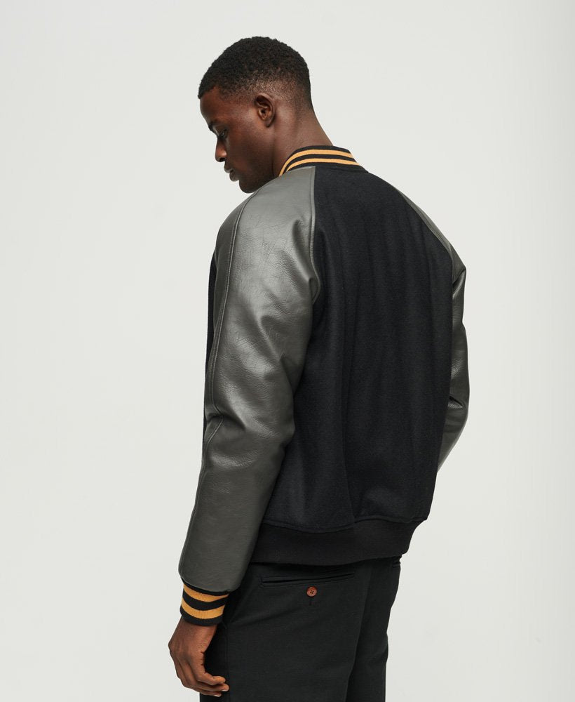Men’s Classic Black Varsity Leather Bomber Jacket – Timeless Streetwear Style