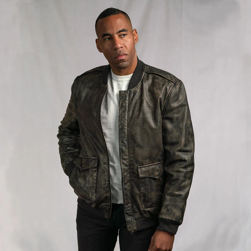 Men's Bomber Vintage Leather Jacket in Black