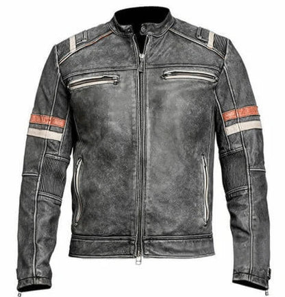 Men’s Café Racer Distressed Leather Jacket in Black